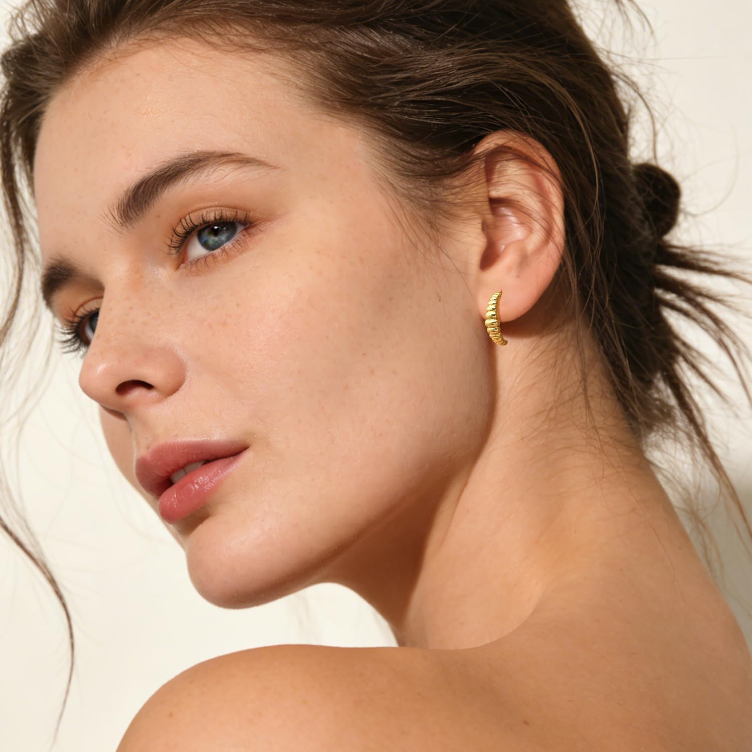 Gold Hoop Earrings for Women 14K Gold Hoop Earrings for Women Hoops Earring for Womens Beaded C-Shaped Design Stud Dainty Cute Hoops Stud Earring for Womens 18mm - Image 4