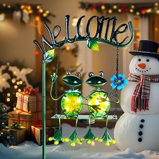 HONGLAND Solar Lights Outdoor Waterproof, Frog Swing Garden Decor, Frog Decorative Stake with Welcome Sign Landscape Patio Yard Gifts for Women Mom (48 inch)