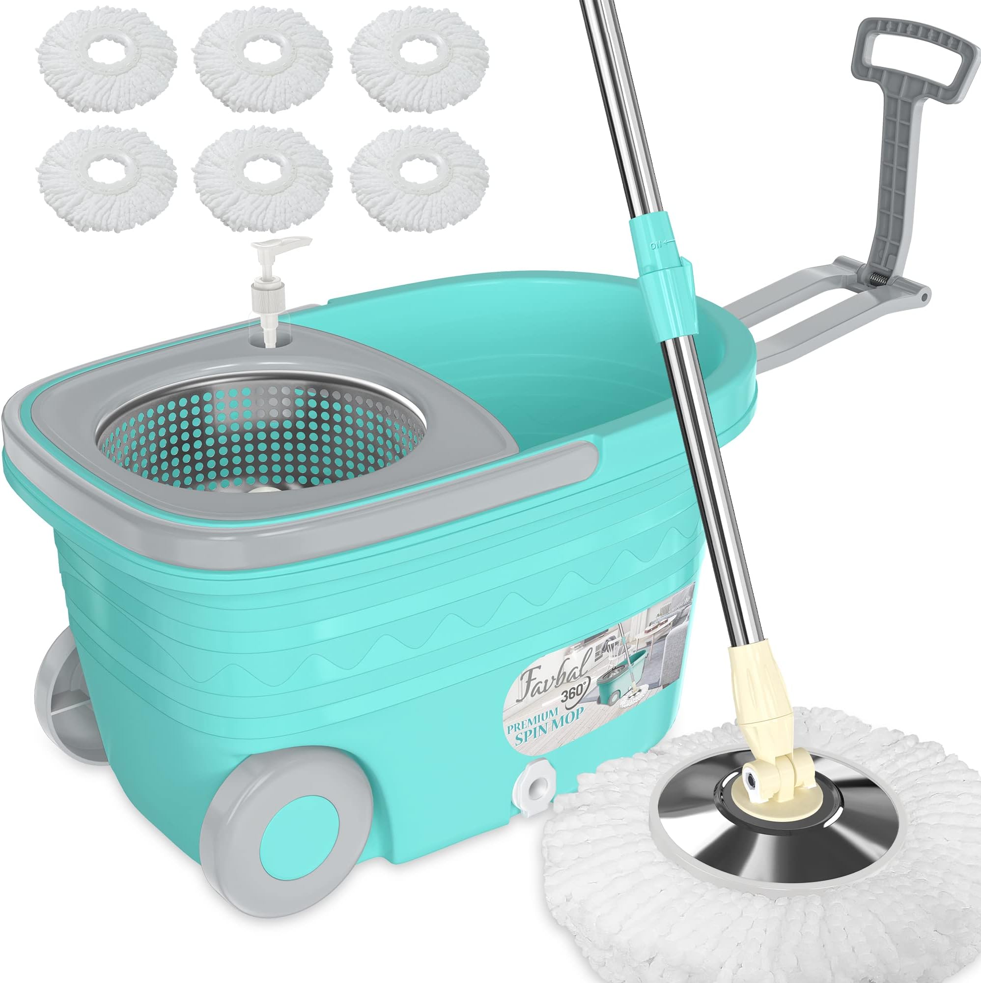 Spin Mop Bucket Floor Cleaning - Favbal Mop and Bucket with Wringer Set Spinning Mopping Buckets Cleaning Supplies with 6 Replacement Refills,61" Extended Handle for Home Hardwood Floors Tiles