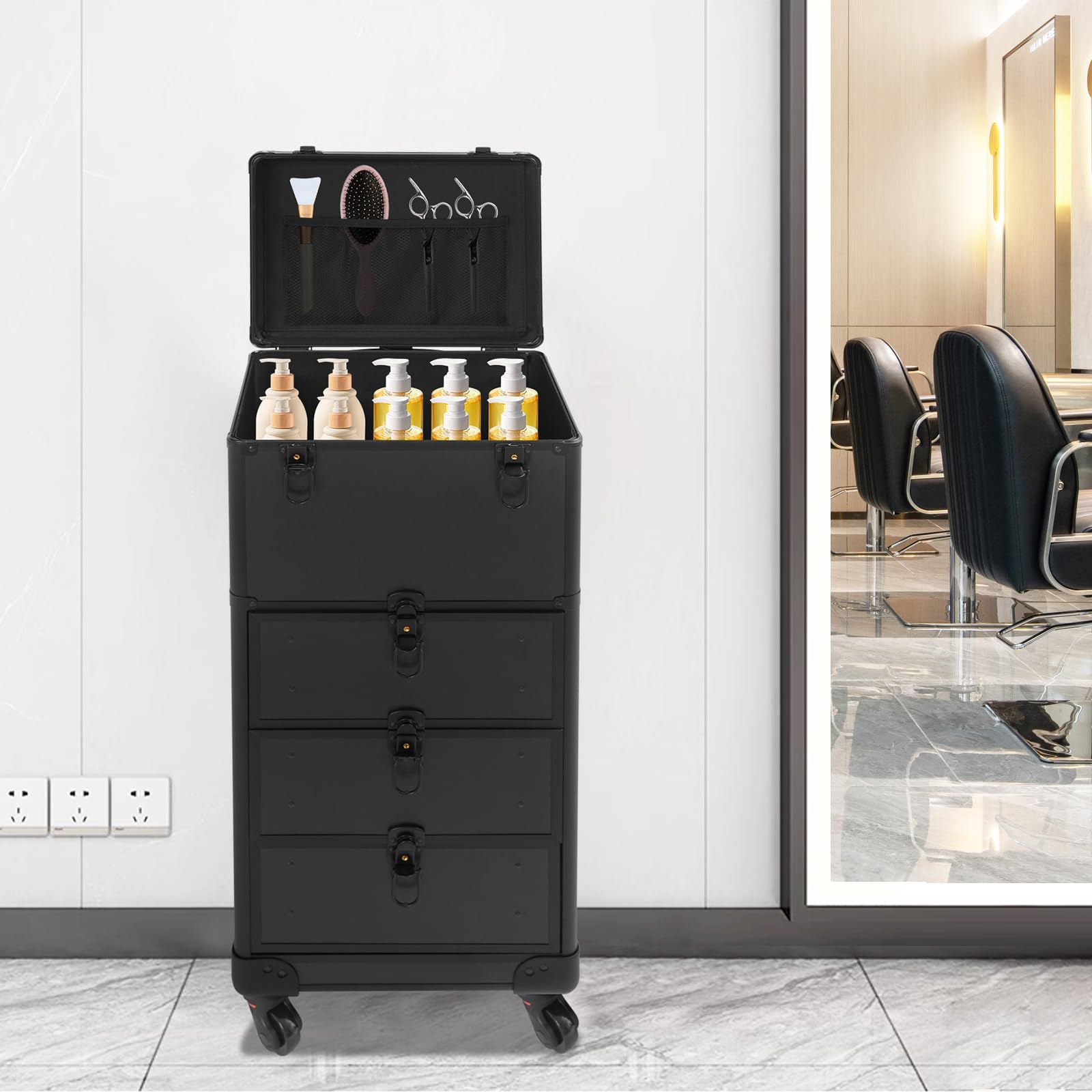 Valigetta per trucchi, a 4 ruote, con 3 cassetti, per trucchi, per trucchi, trucchi, colore nero