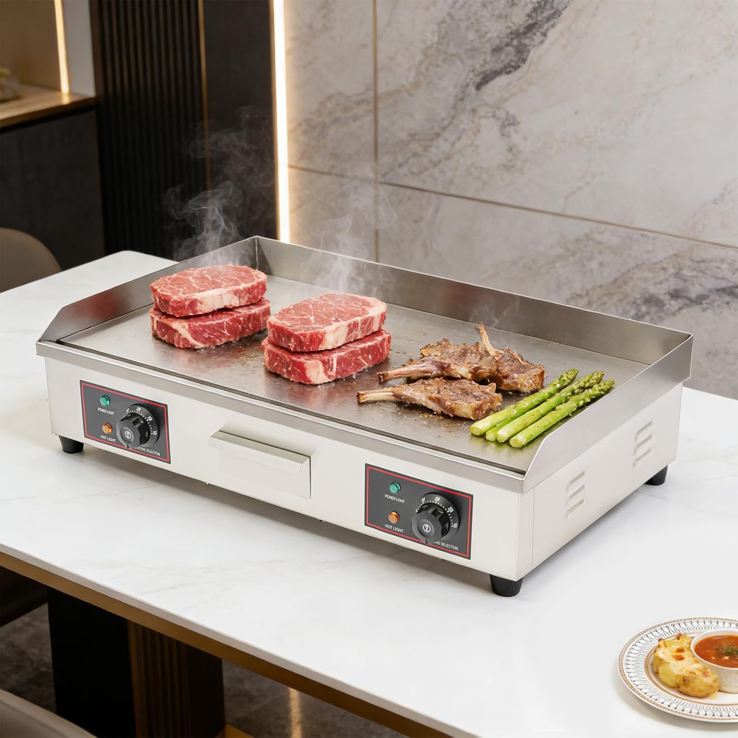 Commercial Electric Countertop Griddle 30" 110V 3000W, Flat Top Grill BBQ Heating Plate, Stainless Steel Cooking Surface, Temperature Control 122-572℉, 8mm Cast Iron Plate, for Restaurant Kitchen