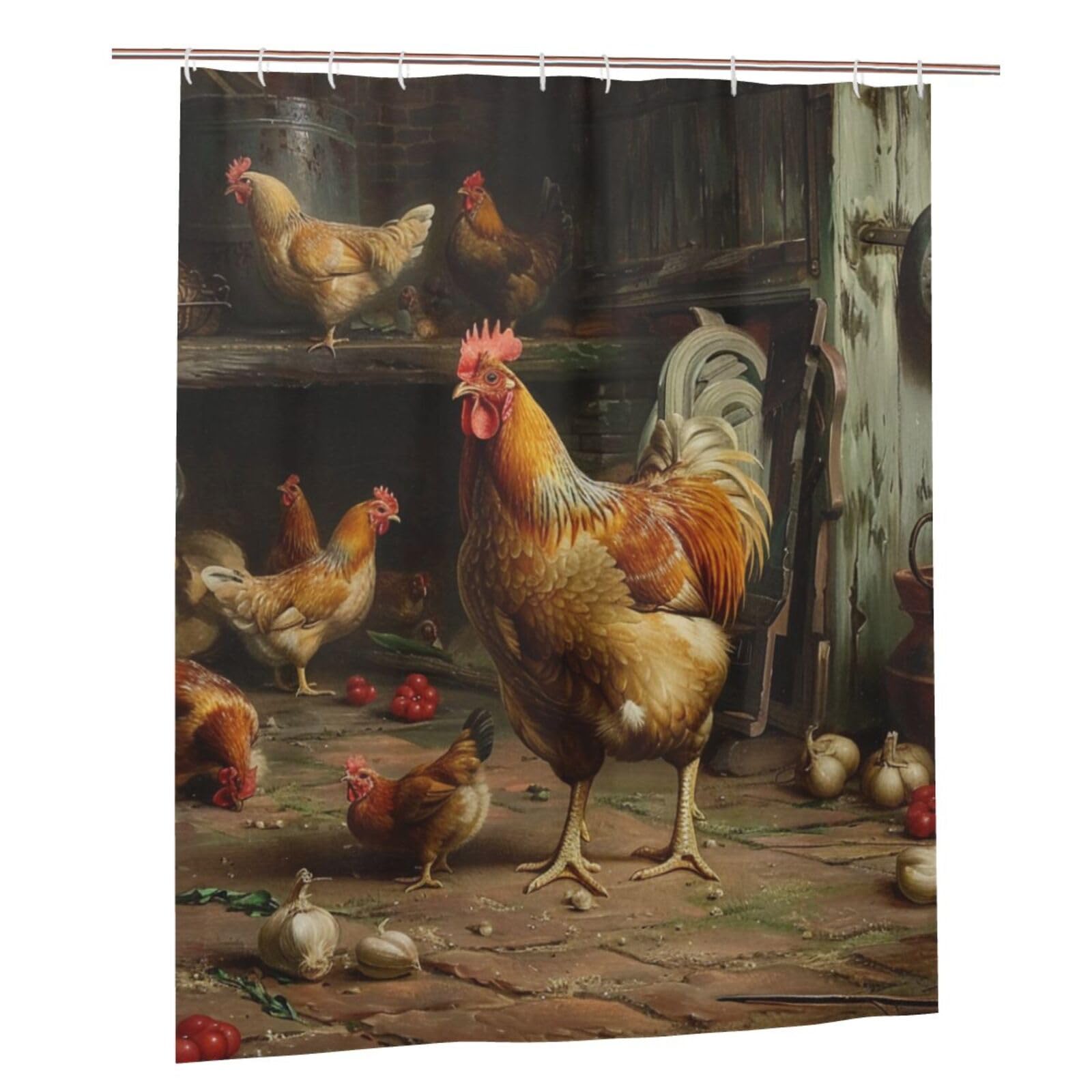 BWWHCCTI Roast Chicken Hen Farm Printed Shower Curtain With 12 Plastic Hooks Opaque Quick Drying Waterproof Shower Curtains Sets For Bathroom 152x183 Cm