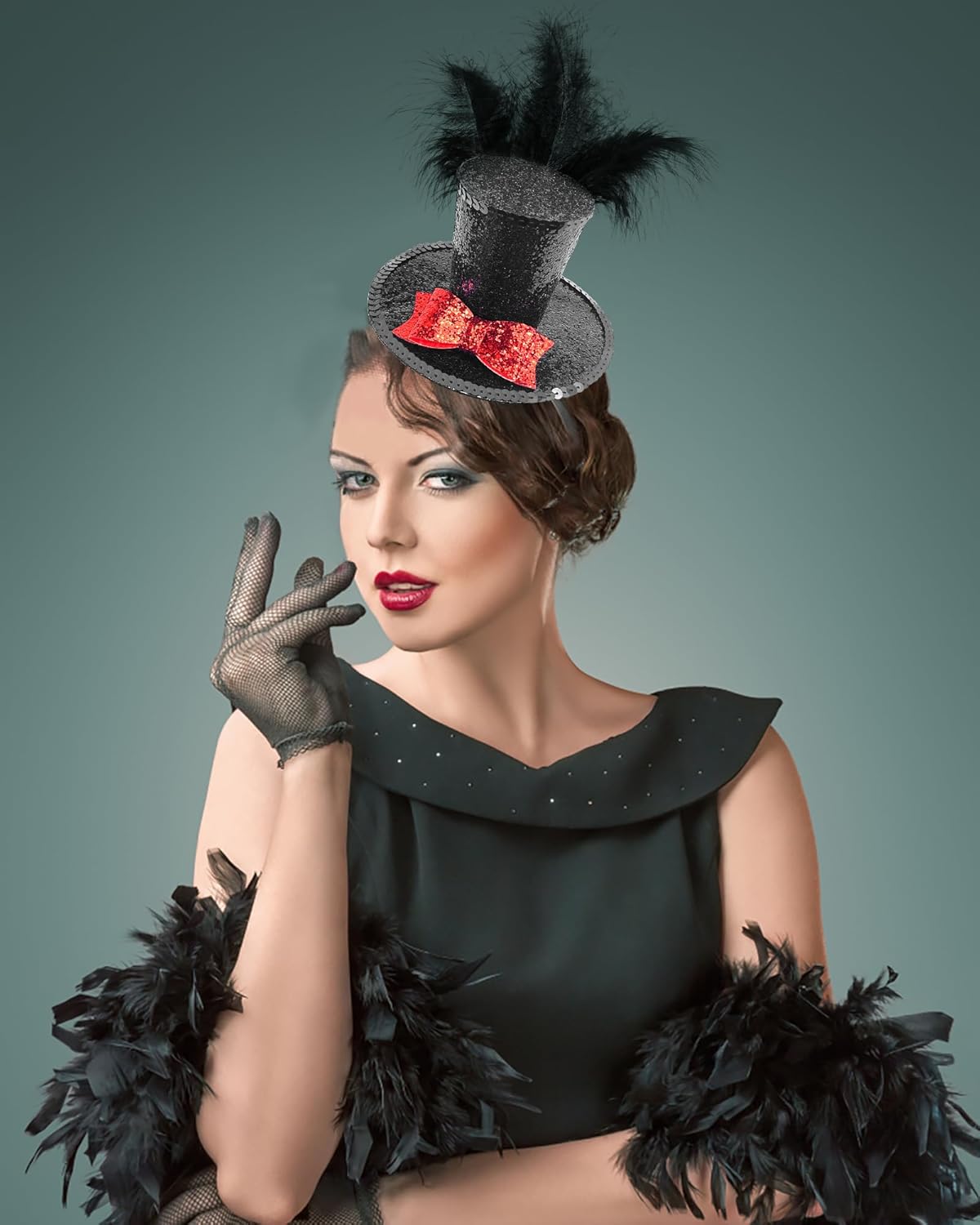 Black Mini Top Hat Headband Fascinator Feather Top Hat for Halloween Carnival Mardi Gras Xmas Holiday Costume - Image 5