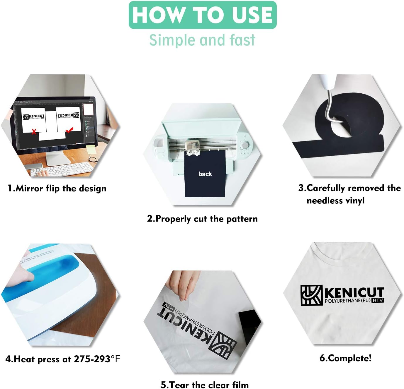 KENICUT HTV Heat Transfer Vinyl Bundle, 12"x10" 10 Sheets, 4xBlack 4xWhite and 2xRed, Heat Transfer Vinyl, Iron On Vinyl for Cricut & Silhouette Cameo