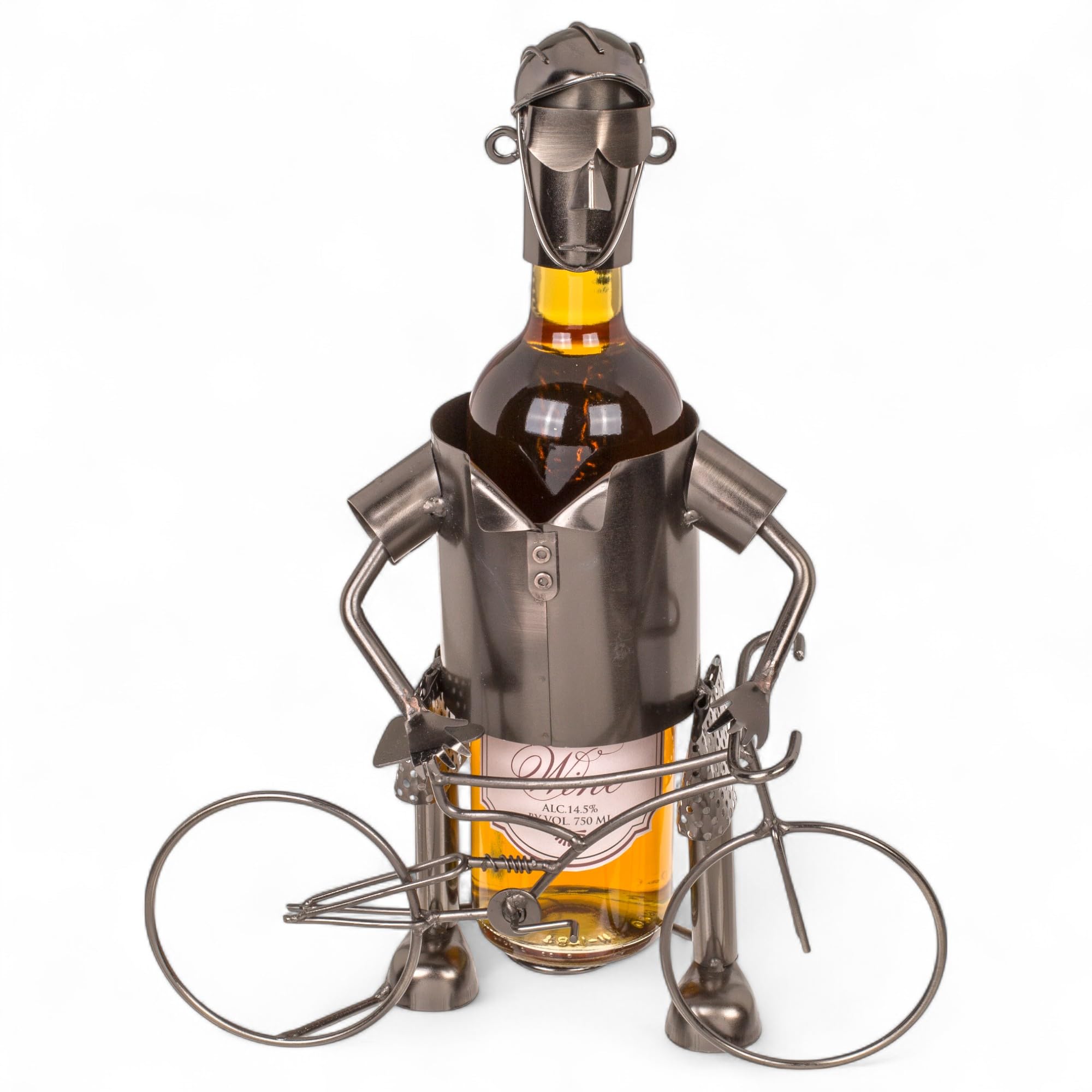 MIJOMA Weinflaschenhalter Fahrradfahrer aus Metall – Deko-Weinständer für 1 Flasche, Handarbeit, originell für Radfahrer, Flaschenhalter Eisen, 25x13x20,5 cm