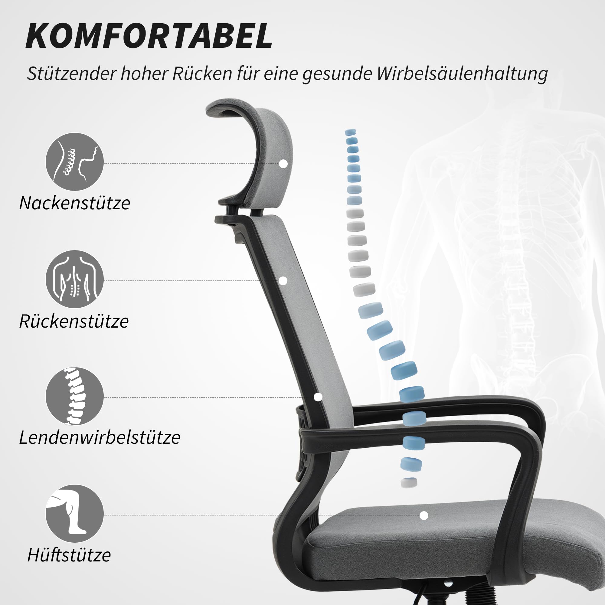 HOMCOM Bürostuhl Ergonomisch mit Armlehne, mit Kopfstütze, Dunkelgrau