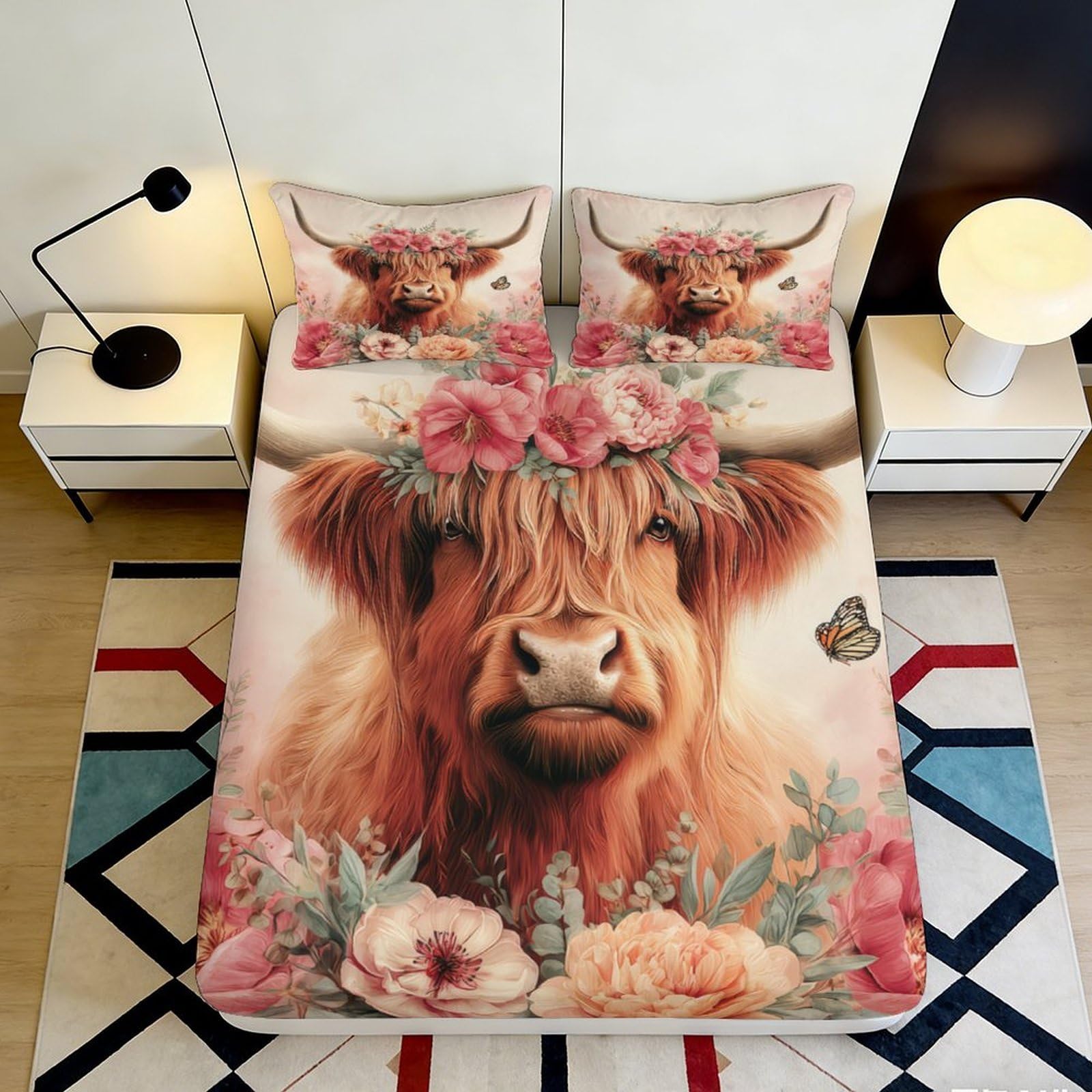 3D Printed Highland Cow Floral Fitted Sheet Microfiber Deep Pocket Bedding Set Highland Cow Mattress Fitted Cover Non-Slip Wrap 90x200x25cm