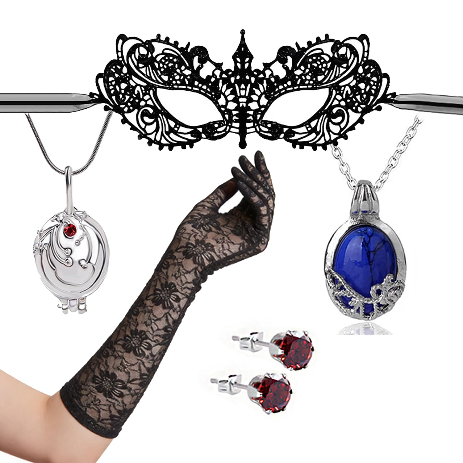 YouU 5 Pcs Vampire Masquerade Costume Accessories Set - Black Lace Eye Mask & Long Gloves Verbena Locket Necklaces Red Crystal Earrings for Halloween Party Halloween Cosplay & Gothic Themed Events