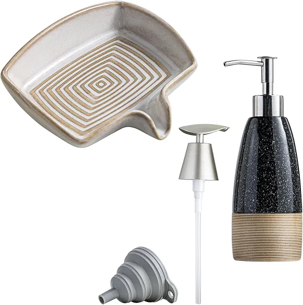 Soap Dishes, Ceramic Shower Soap Dish with Waterfall Design & Soap Dispenser with 2 Pumps, Ceramic Hand Soap Bottle for Shampoo