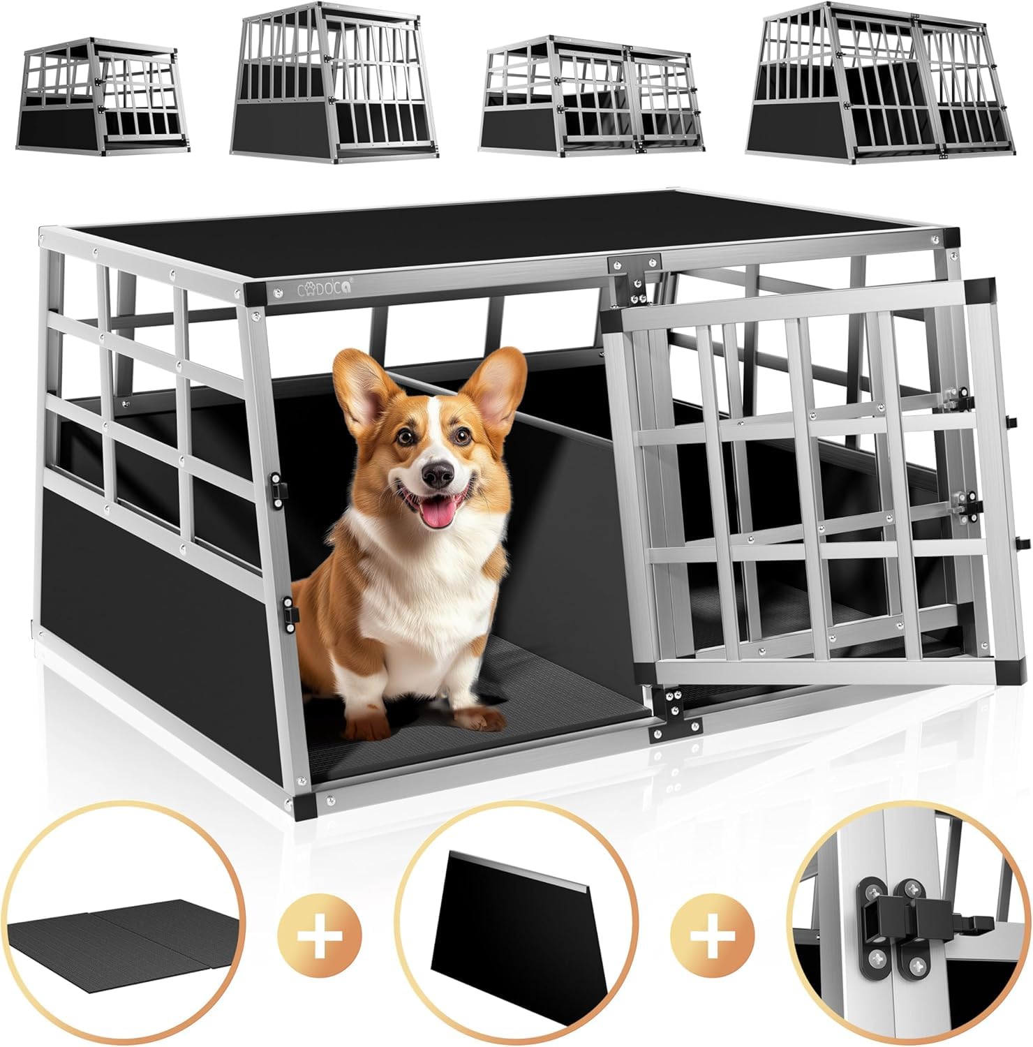 CADOCA® Transportín Perro Pequeño Grande Jaula Perros Aluminio Pared Divisoria Puerta Cerradura Mascotas Protección Viaje Coche Camping 89x70x51cm