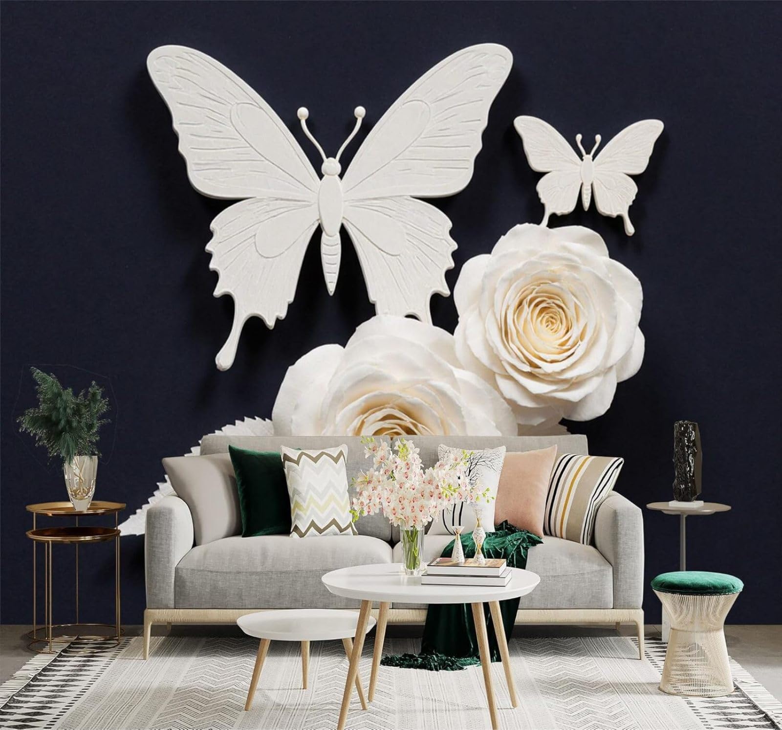 XLMING Three Dimensional White Rose Leaves Butterflies Art 3D Wallpaper Silky Texture Home Study Office Grey Dining Room Sofa Bedroom Living Room TV Backdrop-430cm×300cm