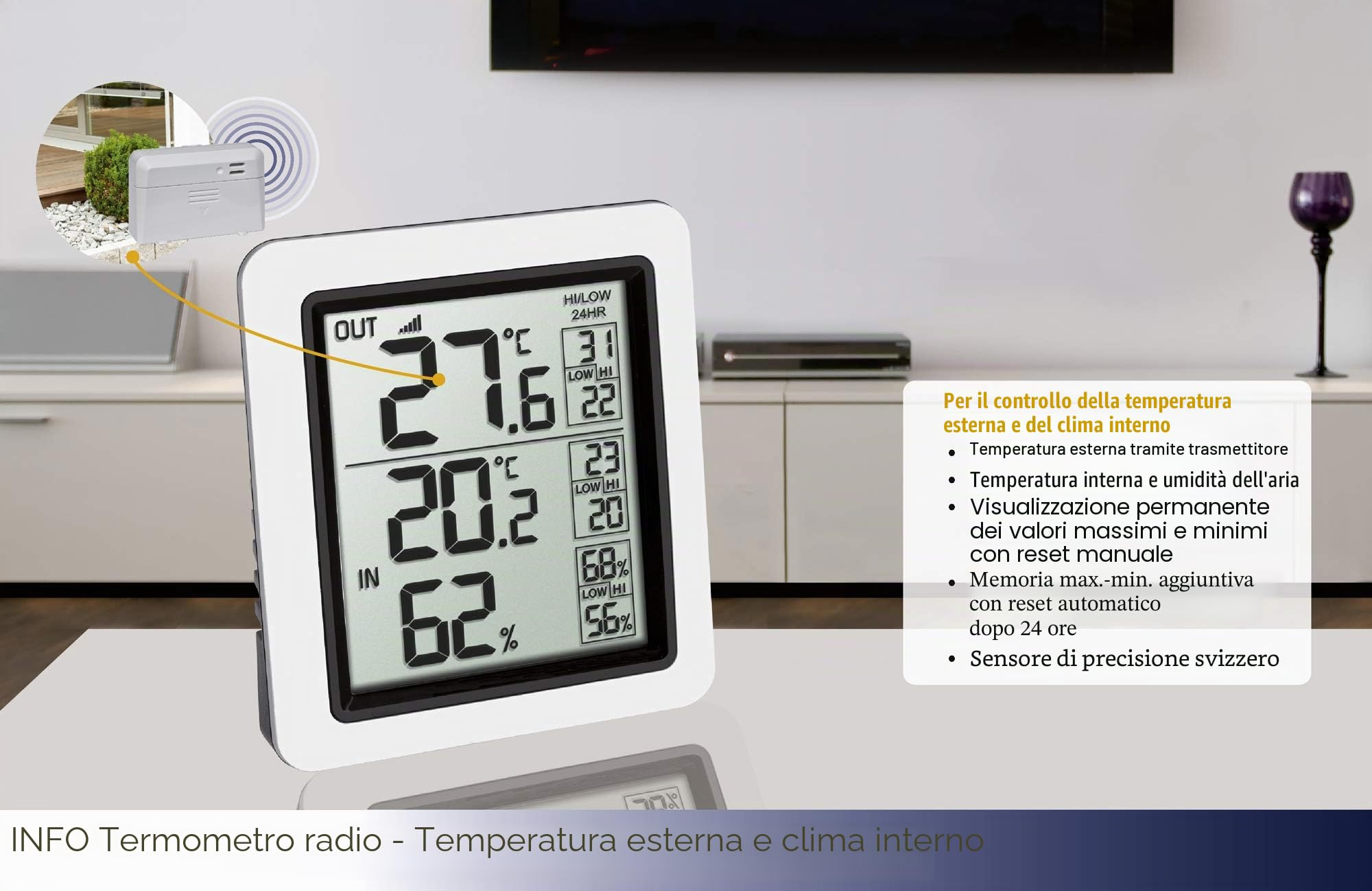 TFA Dostmann INFO termometro radio con sensore esterno, 30.3065.02, temperatura interna ed esterna, visualizzazione valori max. min., controllo del clima ambiente, misuratore di umidità, bianco