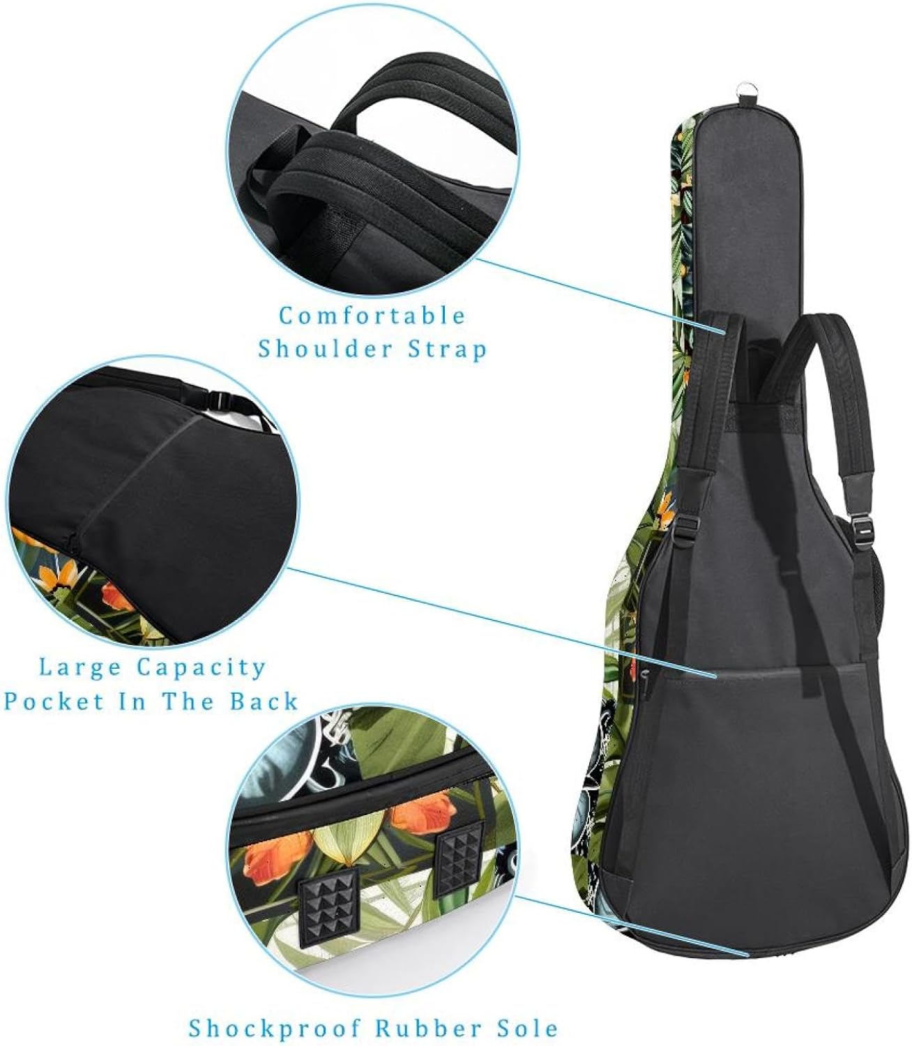 40 41 42 Inch Acoustic Guitar Bag, 0.4 In Thick Sponge Padded Guitar Case Gig Bag with Back Hanger Loop and 2 Pockets, Topical Leaves and Flowers Pattern