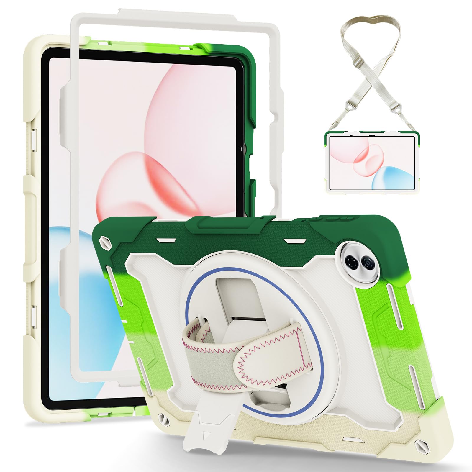 Etui do Honor Pad 10/Honor Tablet 10 12,1 cala wydany w 2025 r., obracany o 360 stopni, odporny na wstrząsy stojak pokrowiec ochronny z paskiem na ramię (kolorowy zielony)
