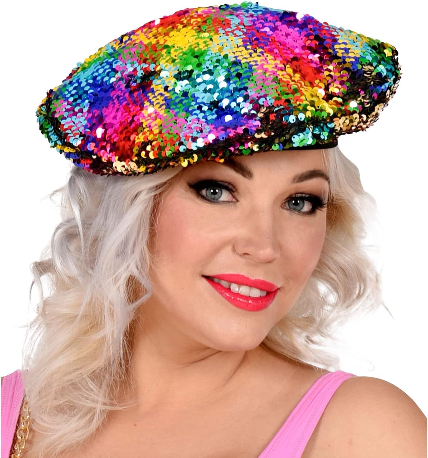 WIDMANN 10019 Beret Hat with Reversible Sequins, Disco, Theme Party, Carnival