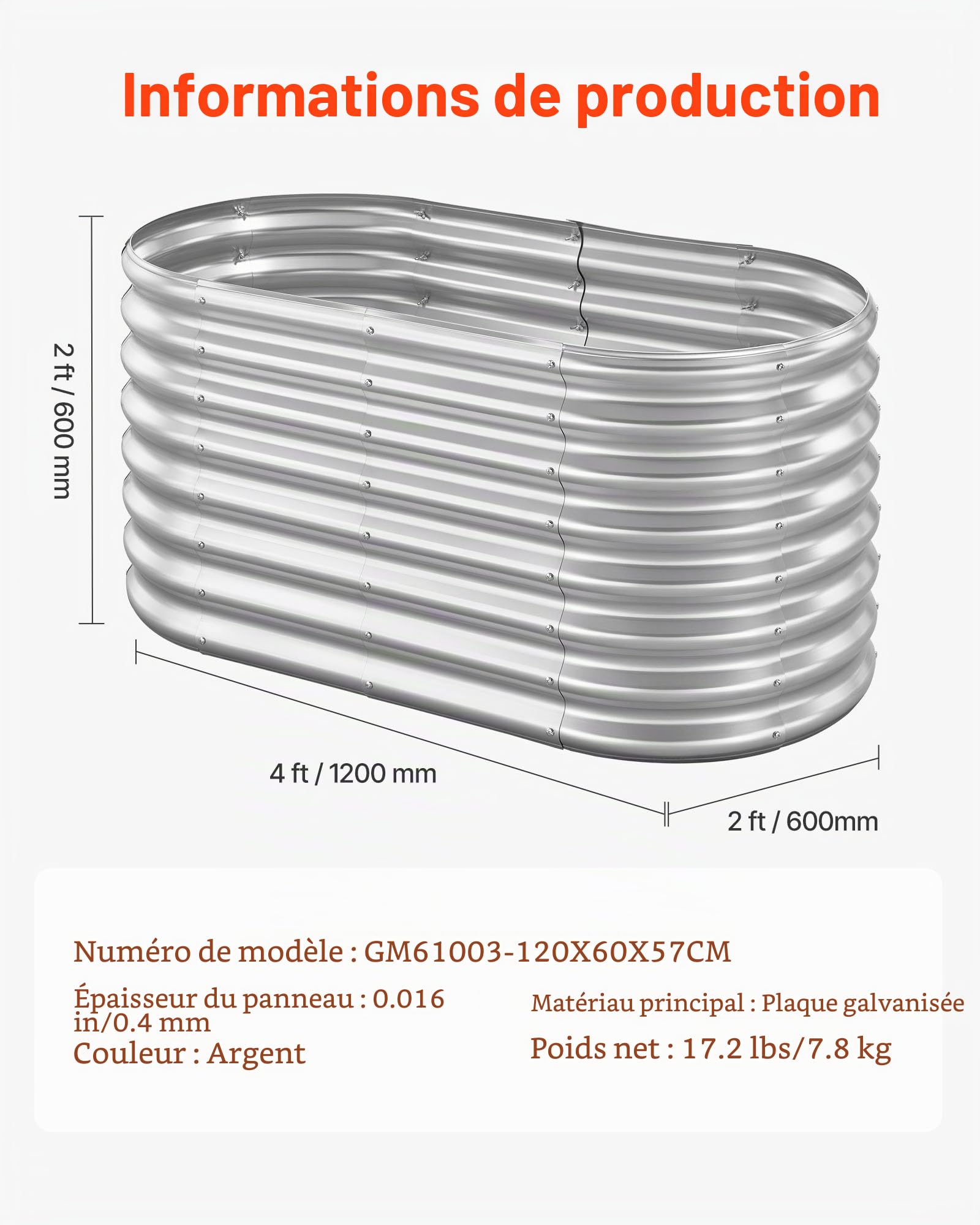 VEVOR Potager Surélevé Métal 120x60x60 cm Carré Potager Surélevé Galvanisé Lit de Jardin Ovale Bac de Jardinage Fond Ouvert pour Culture de Légumes Fleurs Herbes Aromatiques Plantes Grasses, Argenté