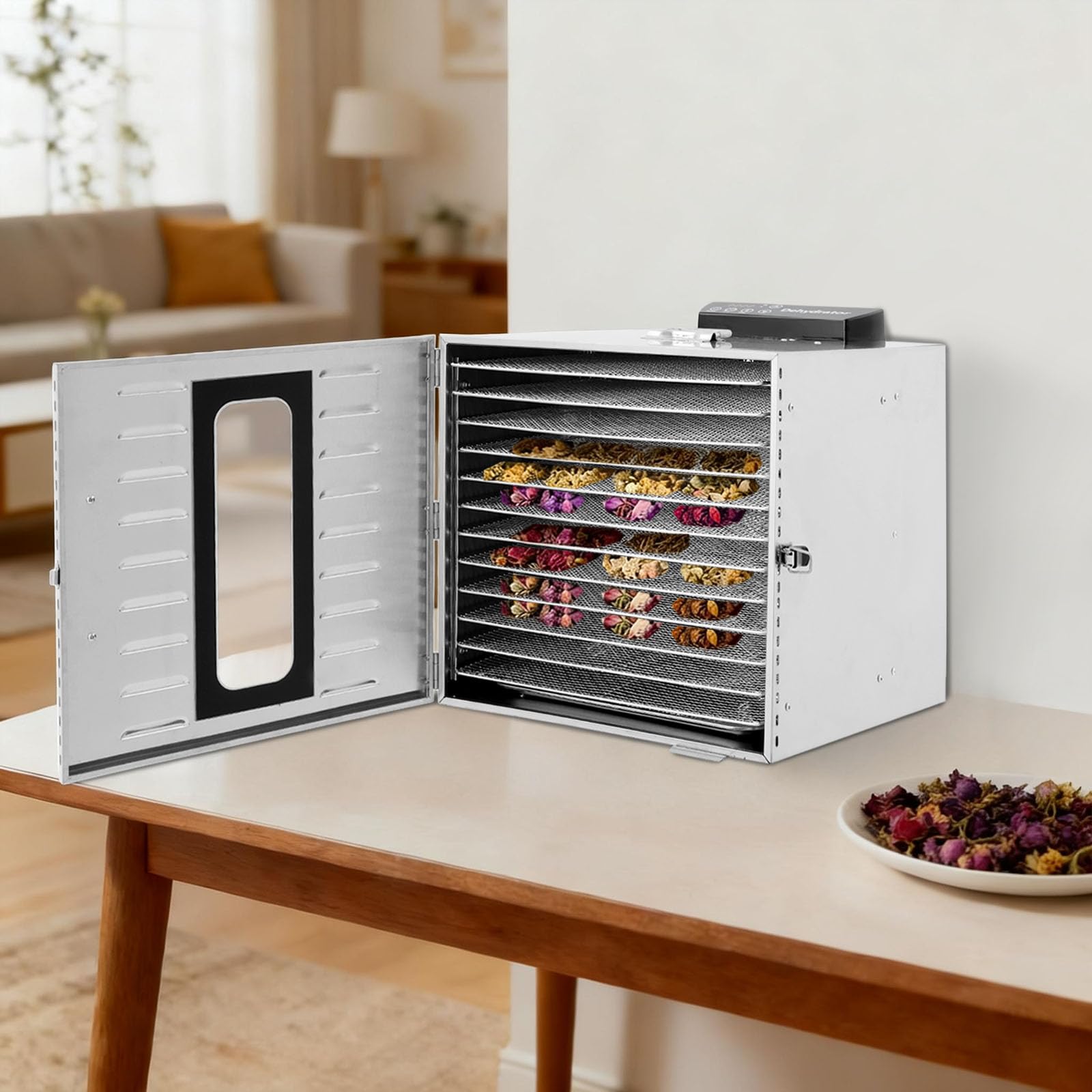 Déshydrateur en acier inoxydable 12 niveaux 1000W 30-90°C | 12 grilles et ventilateur de séchage à 360° avec minuterie pour fruits, légumes, herbes, viande et noix