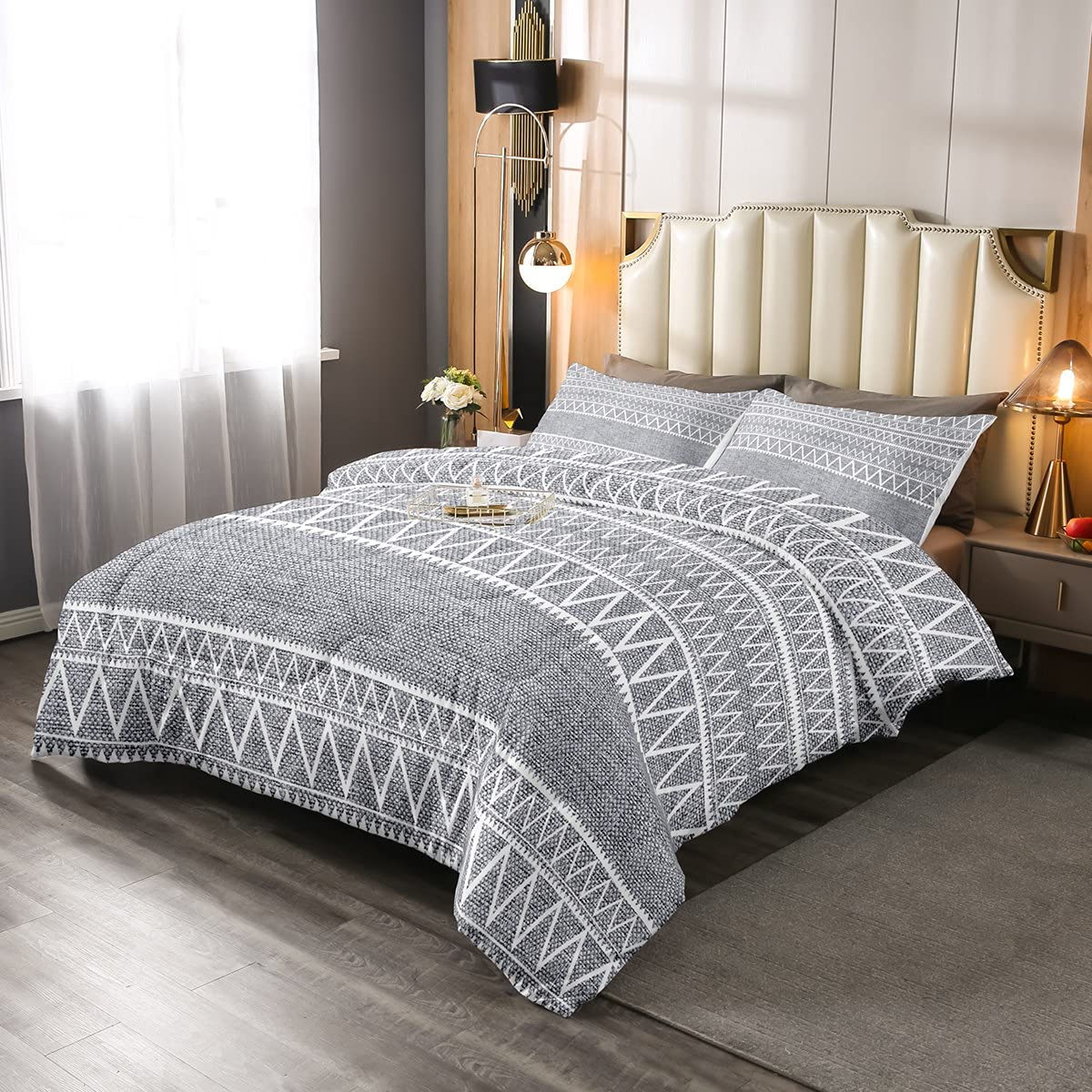 Loussiesd Geometric Duvet Cover - Gray Triangle Stripes Single Modern Chic Microfiber Polyester for 4-Seasons With 1 Pillowcase - Soft 2pcs Set