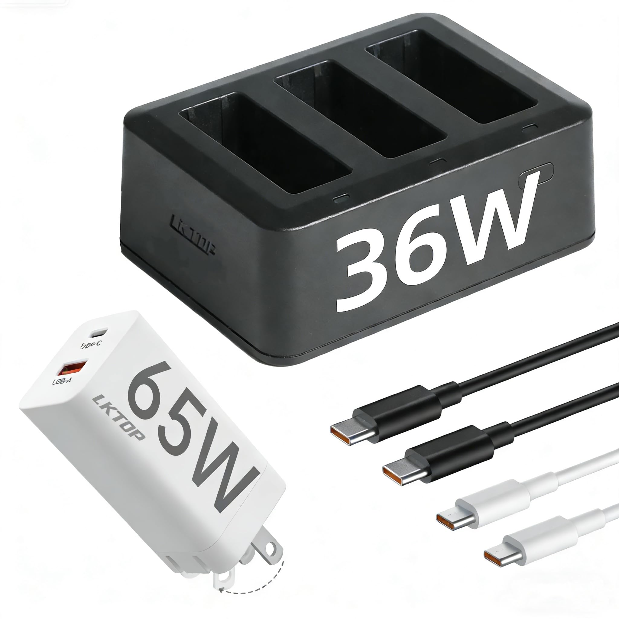 LKTOP 36W Osmo Action 6/5 Pro/4/3/360 Parallel Charging Hub Kit for DJI Osmo Action/360 Series Camera Accessories, with 65W Fast Battery Charger (Charge 3 Batteries Simultaneously: 1hr 10min)
