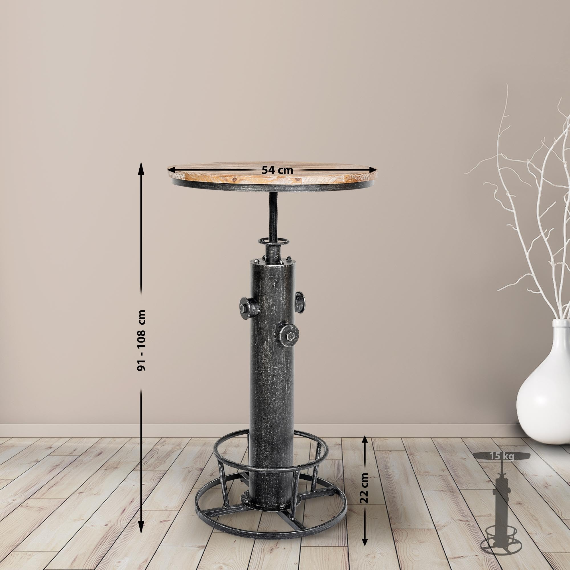 CLP Table Haute Ruhr I Table de Bar réglable en Hauteur avec Repose-Pieds I Structure de Table en métal et Plateau de Table en Bois de pin, Couleur:Argent Antique