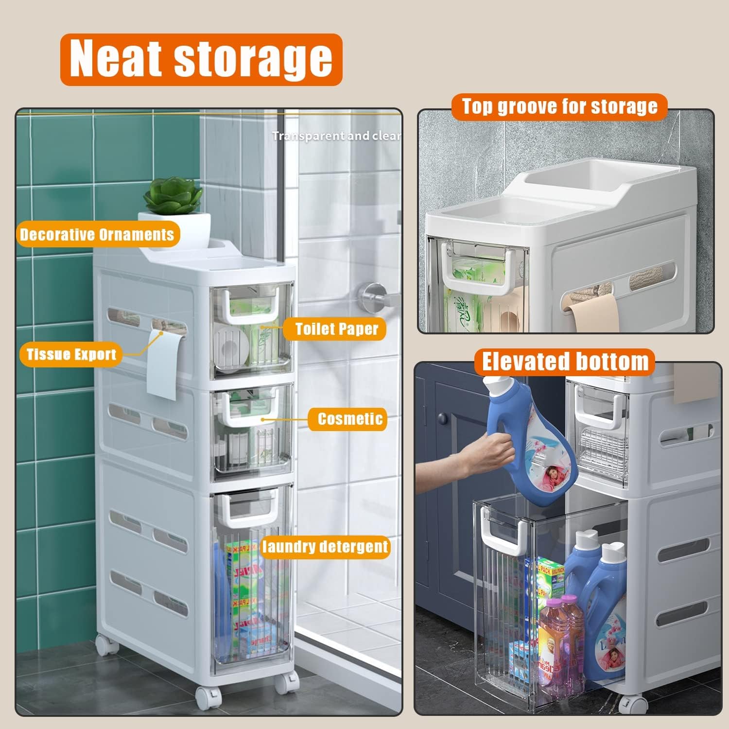 Movable Smal Bathroom Storage Cabinet with 2/3/4 Drawers and Shelf, Toilet Paper Storage, Corner Shelves, Bathroom Furniture Sets, Side Storage Organizer Toilet,3 Tier,16cm