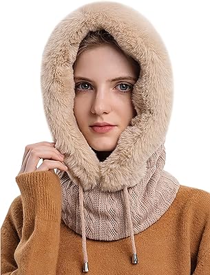 Winter Hats for Women, Warm Hooded Scarf Hat for Women Balaclava Knit Skull Cap Beanie Hat with Drawstring Beige
