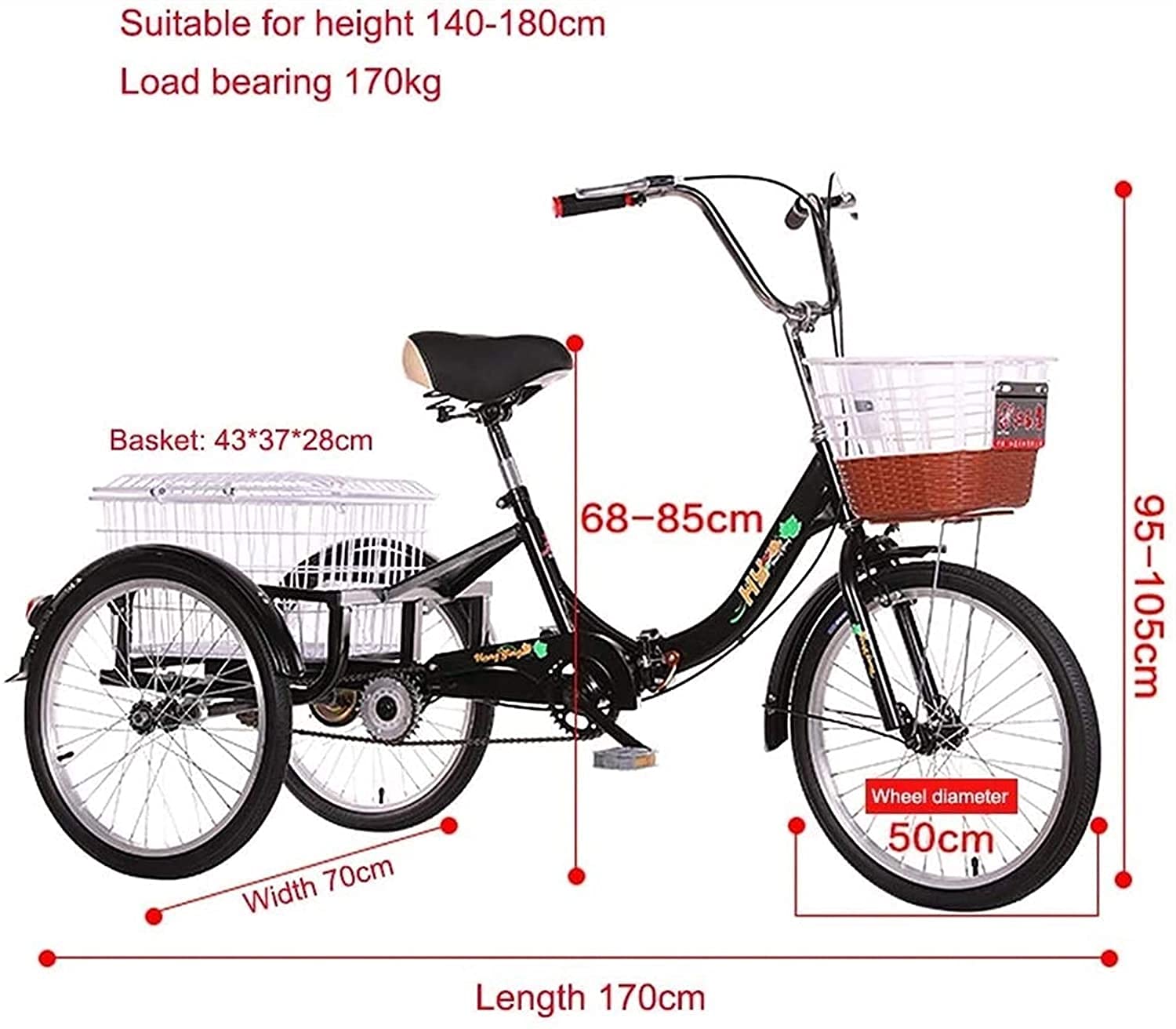 Adult Cargo Tricycles Beach Cruiser Bikes Shopping Safe Foldable 3 Wheel Bike 20inch Tricycle for Adult Seniors Pedal Bicycle Manpower Trike with Picnics Shopping Cargo Basket and Adjust Seat