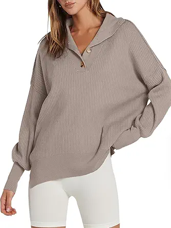 ANRABESS Women's Oversized Sweater 2023 Fall Long Sleeve Button Up V Neck Collar Drop Shoulder Knit Pullover Shirt Top
