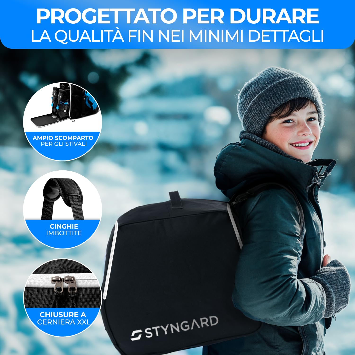 STYNGARD Borsa per scarponi da sci con scomparto per casco e scomparto per stivali [40 L] – Borsa da sci con funzione di tracolla e spazio per accessori – modello ZERMATT