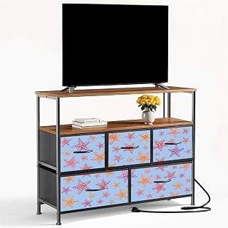 TV Stand with 5 Fabric Drawers Tangerine Coral Watercolor Starfish Soft Baby Blue Repeat Seamless Dresser for Bedroom Wide Chest of Drawers Storage Organizer Unit with Open Shelves Power Outlet
