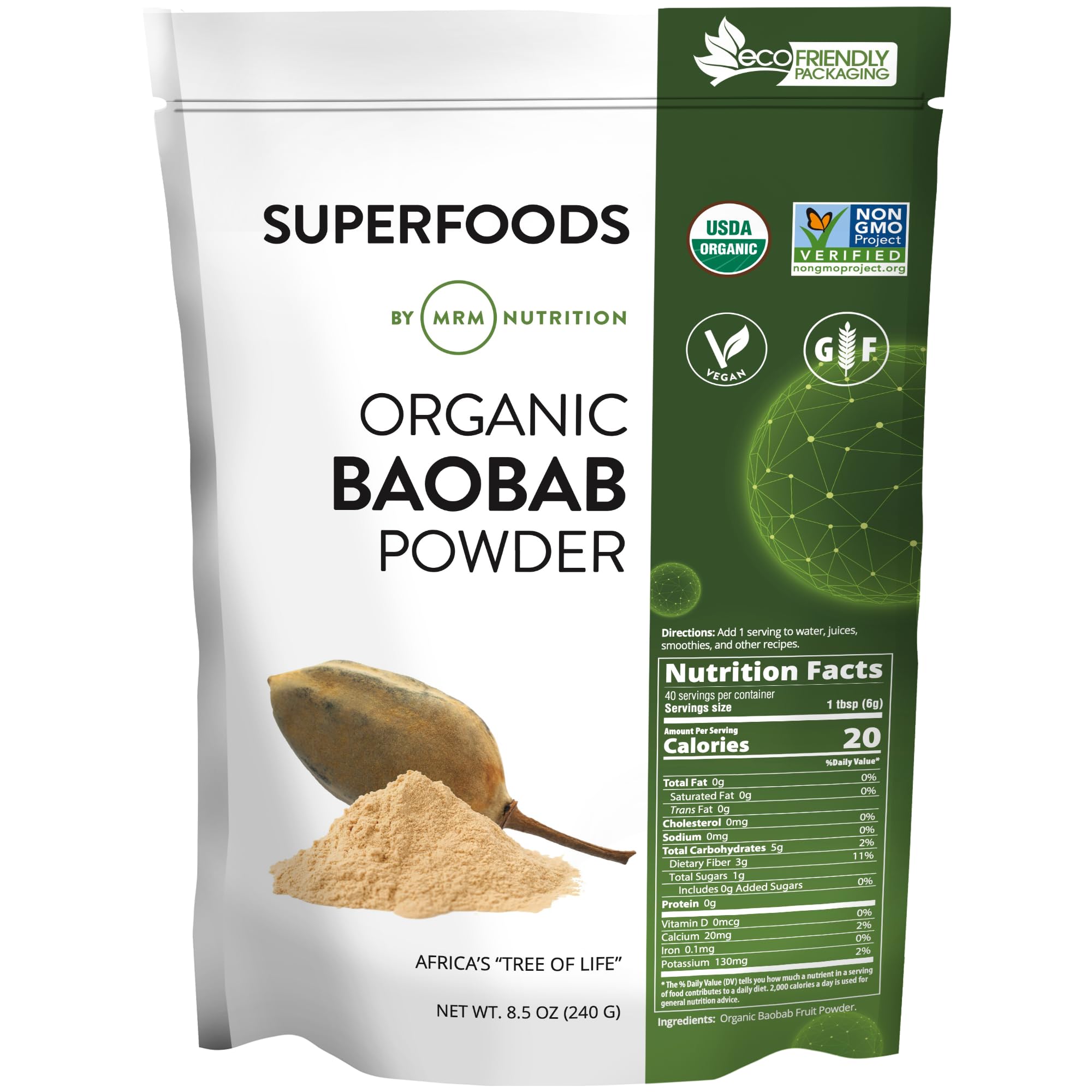 MRM Organic Baobab Powder - For Women & Men - USDA Organic Baobab Fruit Powder Superfood with Fiber, Antioxidants & Vitamin C for Smoothies, Juices & Daily Nutrition, Vegan, Gluten-Free - 40 Servings