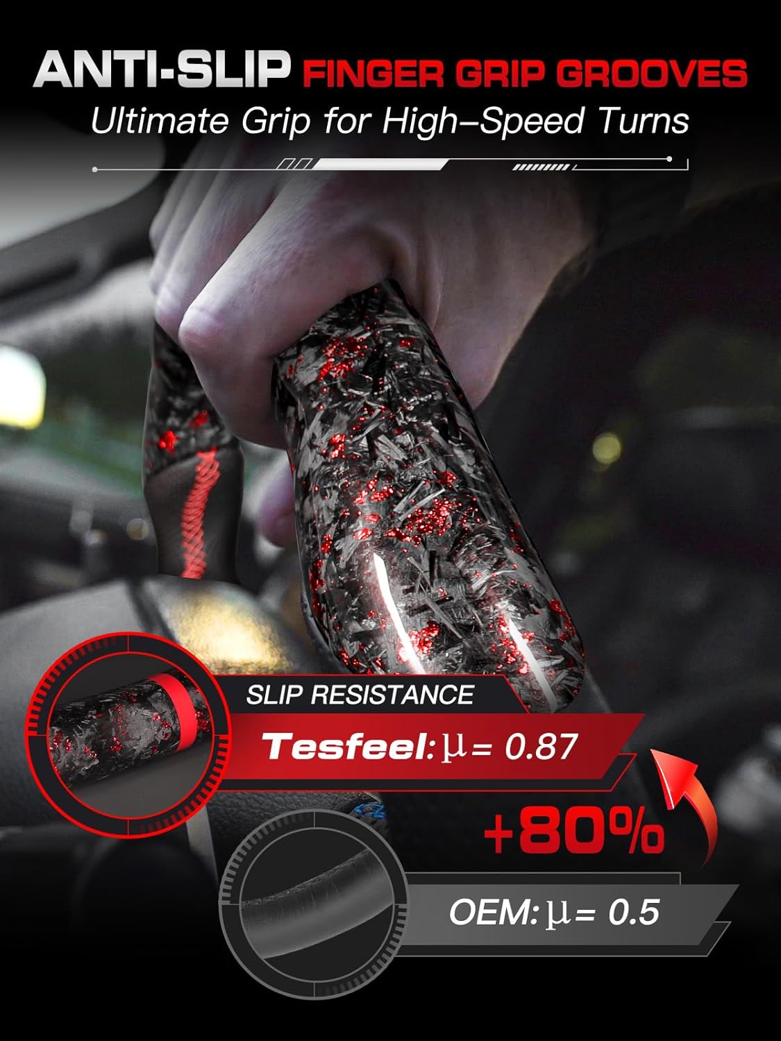 LED Forged Carbon Fiber Steering Wheel for Ford Mustang 2015-2017, Red Foil Flakes, D-Shape Flat Bottom, Nappa Leather with Red Stripe & Stitching, for EcoBoost, Base, V6, GT, GT350 & GT350R