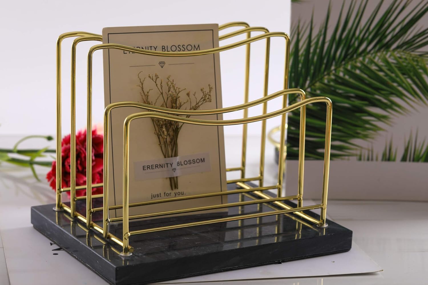 Real Marble File Holder - Desk Accessories - Modern Mail Organizer - Gold Mail Holder & Letter Tray (White + Gold)