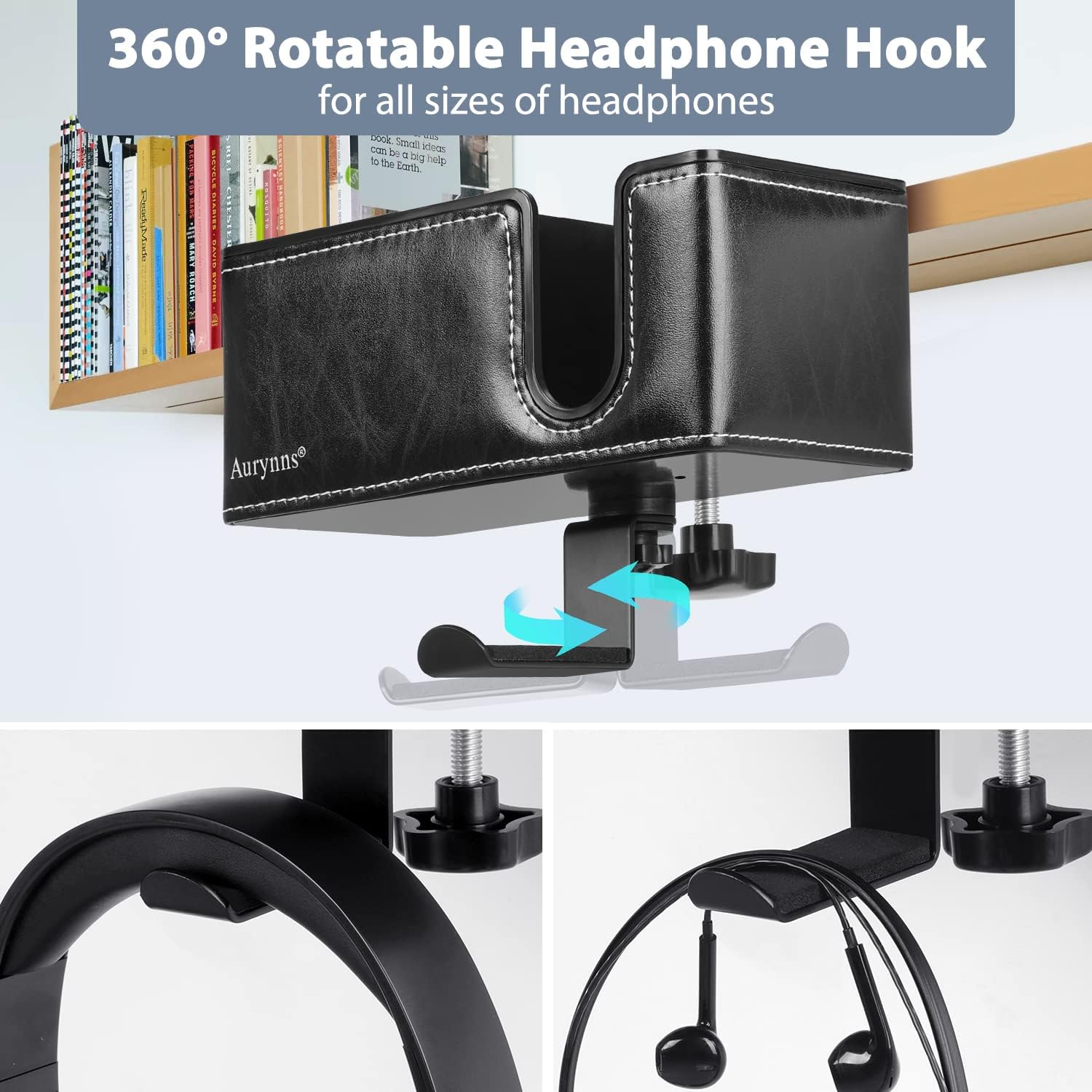 Desk Cup Holder Clip on Pen Holder Headphone Hanger Headset Stand Rotatable Clamp Hook Under Desk (Black) - Image 3