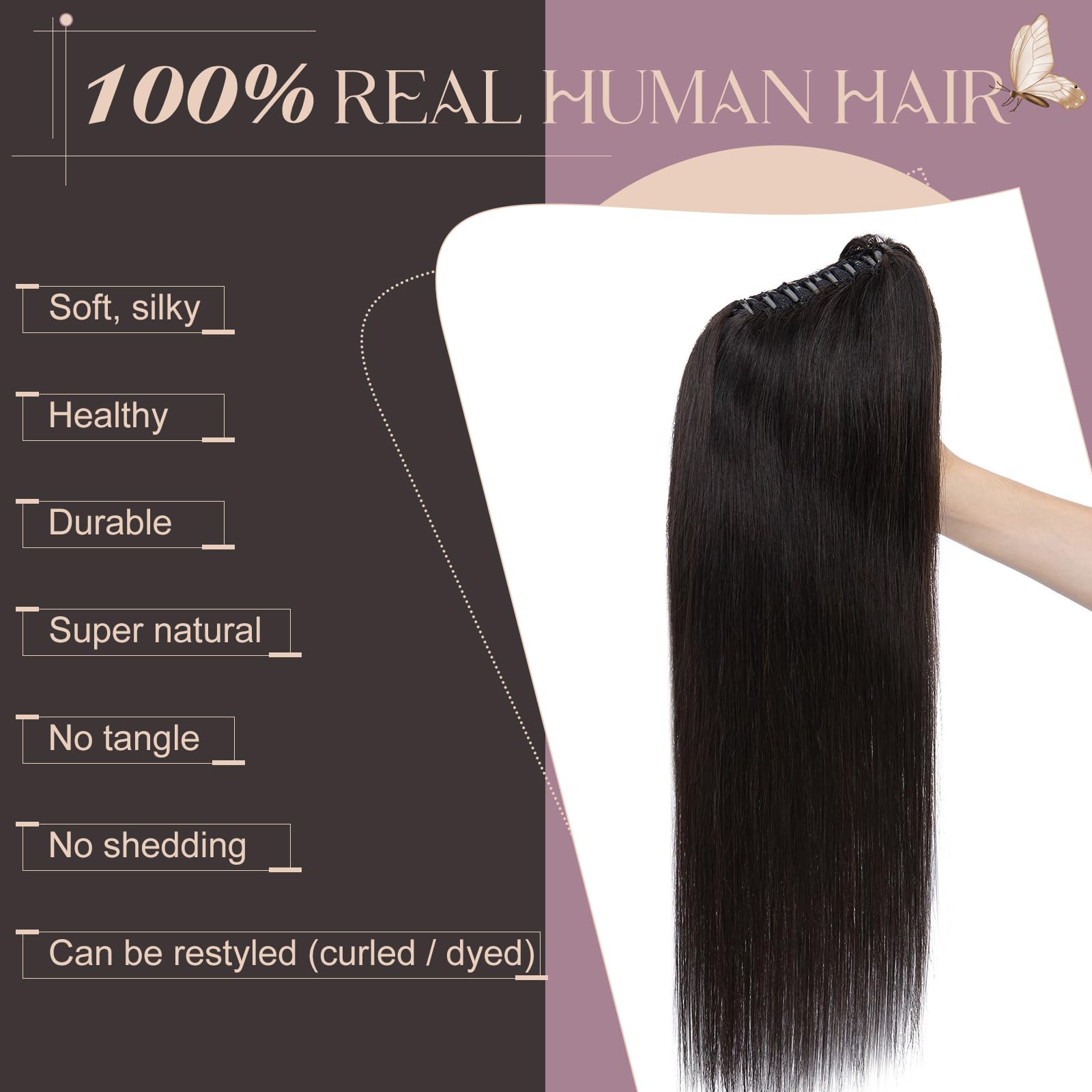 Elailite Haarverlängerung Echthaar Extensions Pferdeschwanz Ponytail Zopf 50cm 120g Haarteile mit Klammer Remy Glatt Human Hair 20 Zoll #1B Natürliches Schwarz