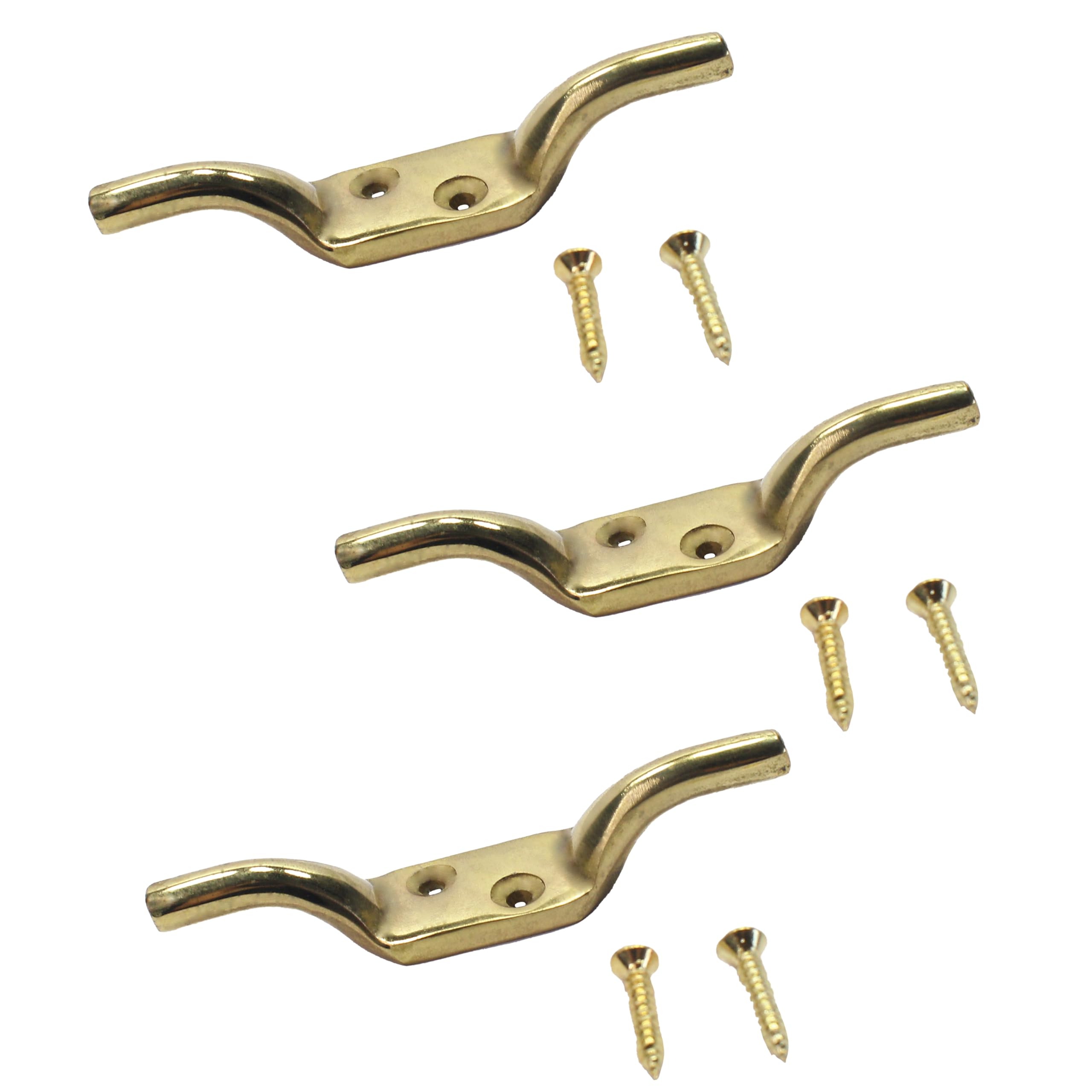 SUL 100mm Heavy Duty Brass Plated Rope Cord Cleat Hooks with Screws (4 Inch). Ideal for Flagpole, Trailer Rope, Tiebacks, Roman Blind Cord, Washing Lines