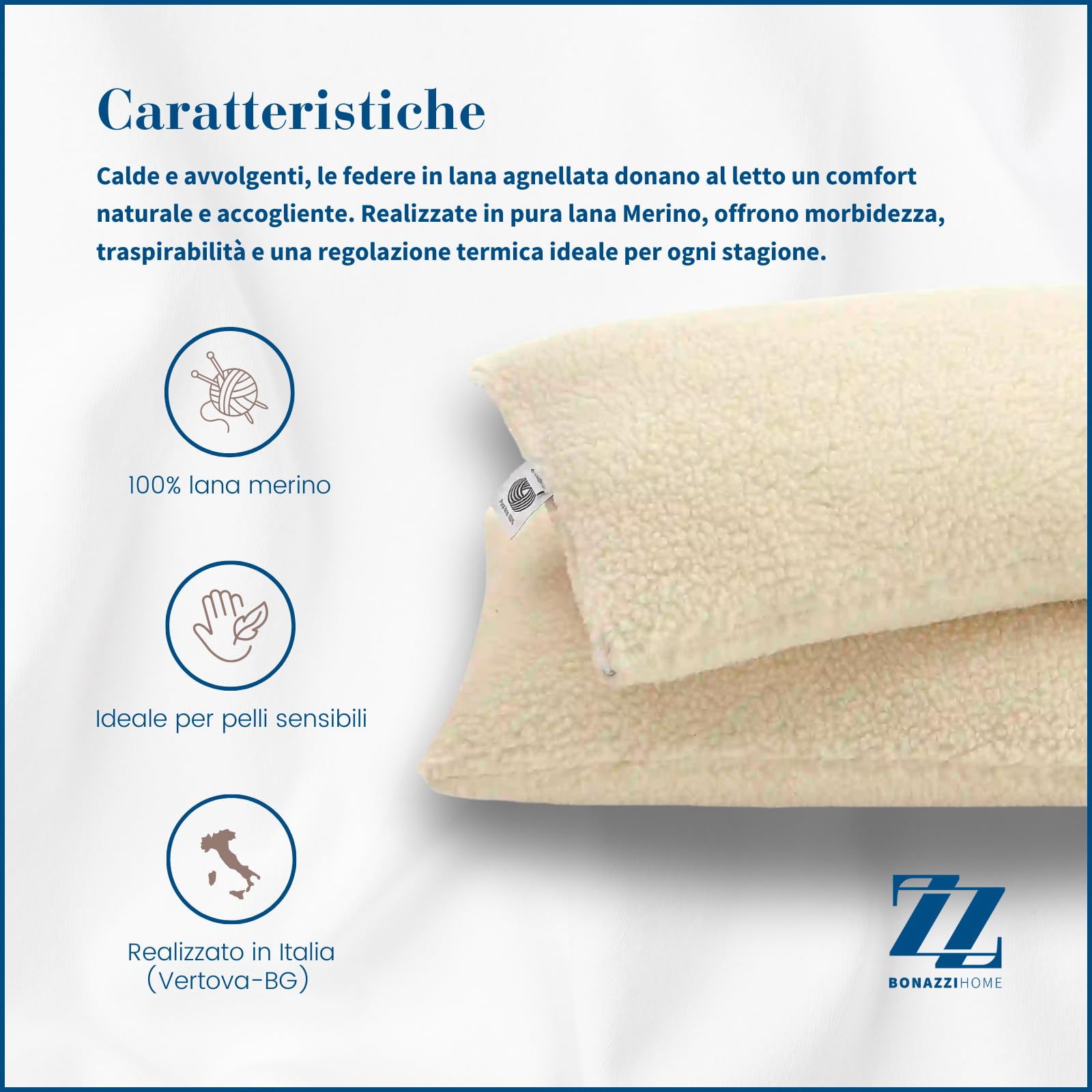 due federe per cuscino 100% lana vergine Merino agnellata, MADE IN ITALY (80x50cm)