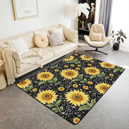 Alfombra de área de girasol de 5 x 6 pies 6 pulgadas, alfombra de abeja para niños y niñas, alfombra decorativa floral amarilla, bonita alfombra