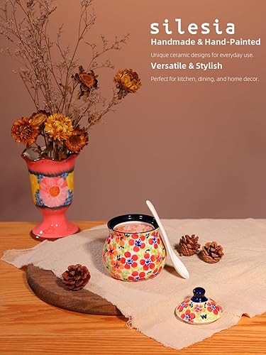 Miniatura 5 de silesia Azucarero hecho a mano con tapa y cuchara, tarro de azúcar de cerámica pintado a mano de 9 onzas para el hogar en caja de regalo, decoración
