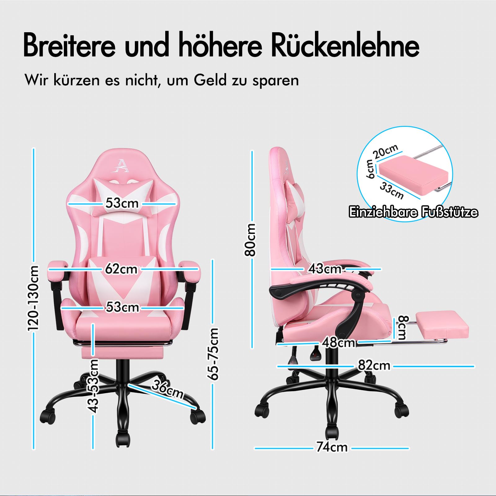 ALFORDSON Fotel biurowy, gamingowy, ergonomiczny, z podnóżkiem, zagłówkiem, poduszka lędźwiowa, obrotowa, udźwig 180 kg, różowy
