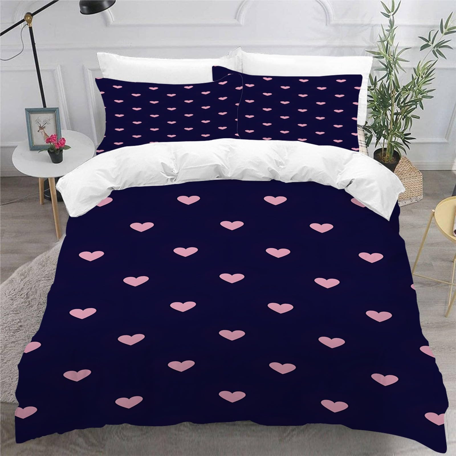 Housse de couette 220x240 cœurs roses et 2 taies d'oreiller en microfibre pour lit 2 personnes