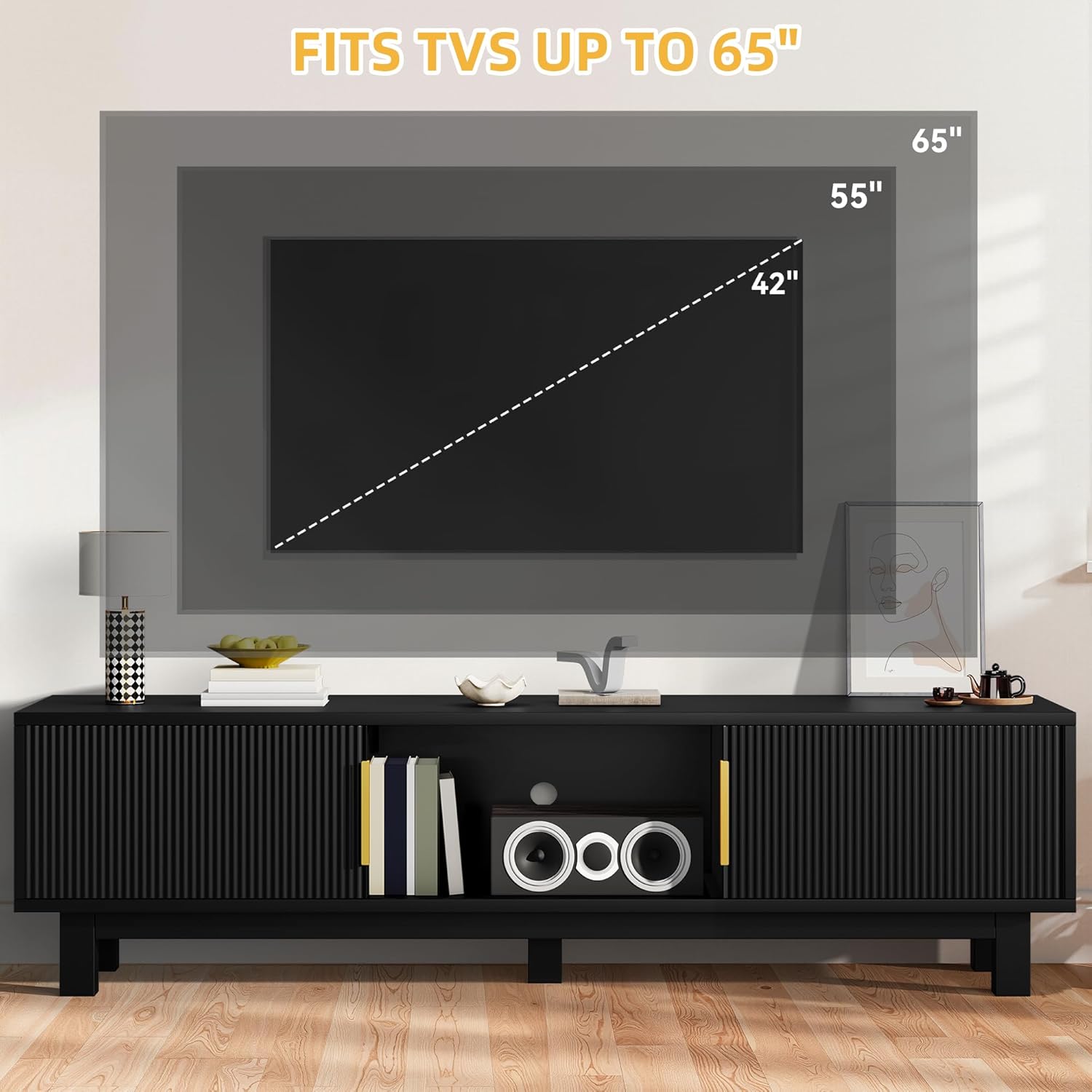 DWVO Fluted TV Stands for Living Room, Entertainment Center for TVs up to 65 Inch, Mid Century Modern Media Console with Power Outlets & Storage Compartments, 59" Long TV Cabinet, Black