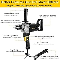 Vista 3 de 10-Amp Corded 5/8" Heavy Duty Drill Mixer Set, Mixing Drill Machine with Spade Handle for Drilling and Mixing, Variable Speeds Concrete Mud Mixer