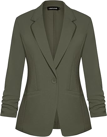 MINTLIMIT Womens Casual Blazer Jacket Suits Lapel Button 3/4 Sleeve Pockets Blazer Formal Work Office Jacket,Army Green,L at Amazon Womens Clothing store