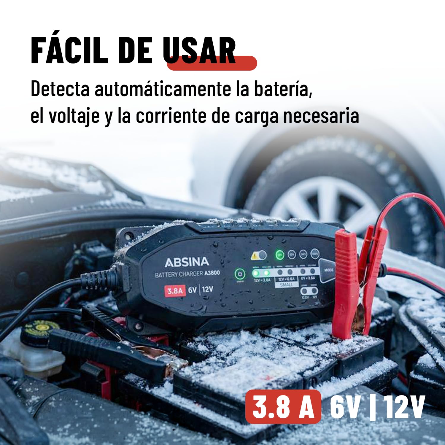 ABSINA Cargador Baterias Coche 3,8 A para Baterías de Plomo 6V & 12V hasta | 120Ah & 12,8V Litio - Cargador Bateria Moto AGM 12V para Automóviles, Motocicletas y Caravanas - Coche