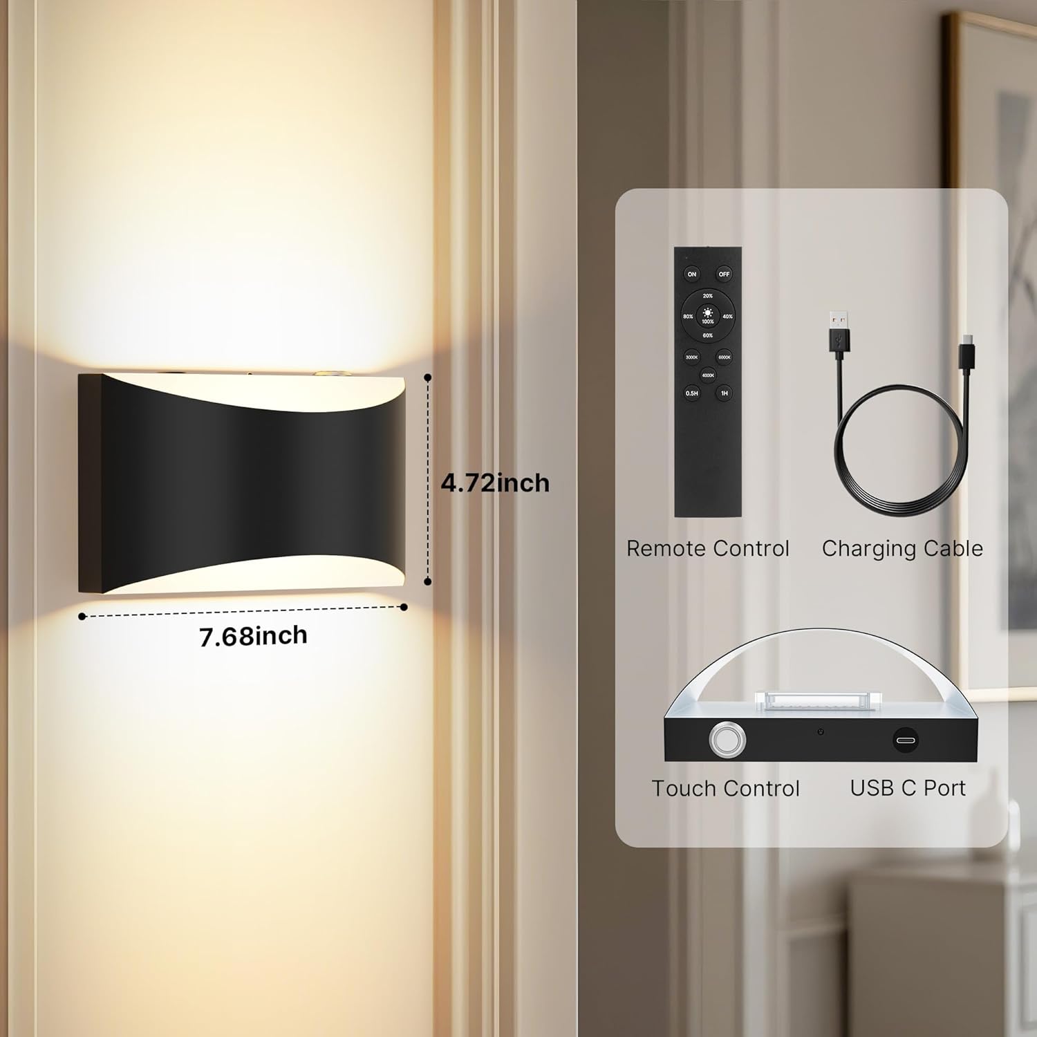 FOLKSMATE Battery Operated Wall Sconces Set of 2, 8000mAh Rechargeable Remote & Touch Control Wall Lamps, 3 Color Temperatures, Timer Dimmable Light for Bedroom, Living Room, Hallway