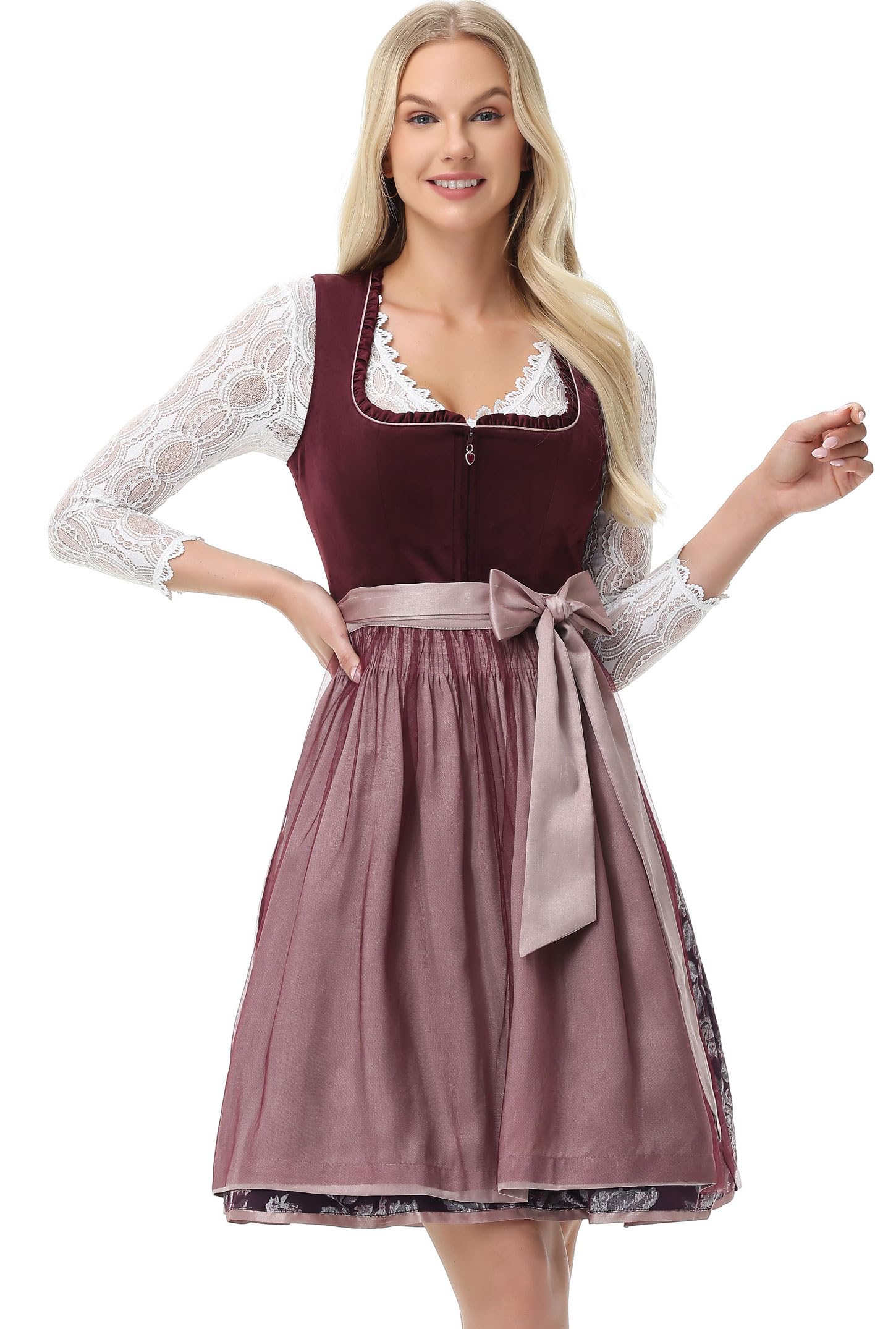 TrendiMax Damen Midi Dirndl - Elegante vestido tradicional tirolés de terciopelo para Oktoberfest con delantal tirolesa 34-46