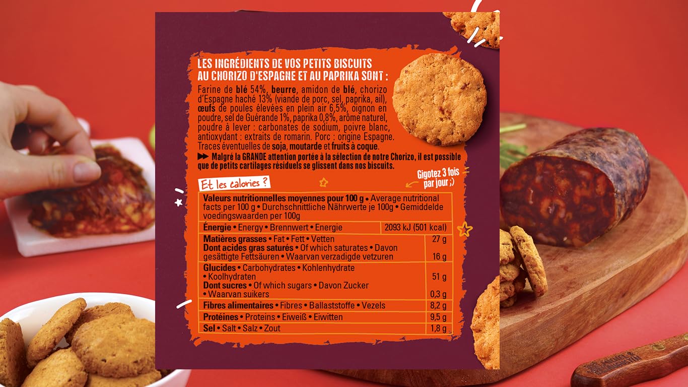 Michel & Augustin - Biscuits Apéritifs au Chorizo d'Espagne et au Paprika - Petits Biscuits Salés à la Charcuterie - 8 x 90g