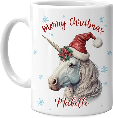 Hyturtle Regalos personalizados para amantes de los unicornios  Taza de café de cerámica con nombre personalizado con sombrero de Papá Noel  Lindos
