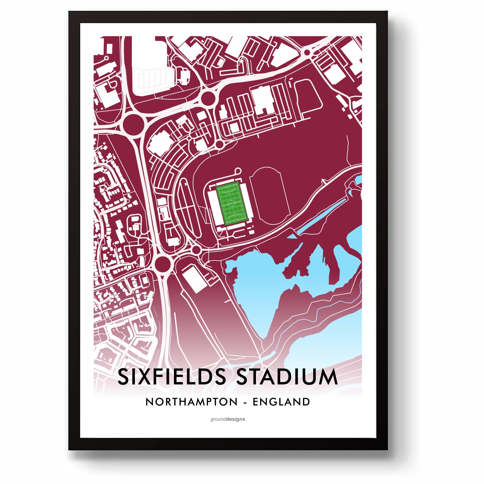 Grounddesigns Men's Claret And White Northampton Town Football Gift Sixfields Stadium Art Map Unframed A3 Print Ntfc